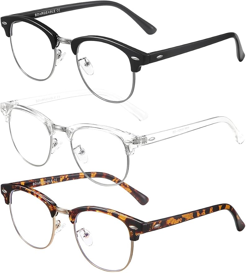 SOAR&EAGLE 3 Pack Blue Light Blocking Glasses,Computer Gaming Glasses,Retro Semi Rimless UV400 Clear Lens Computer Eyewear
