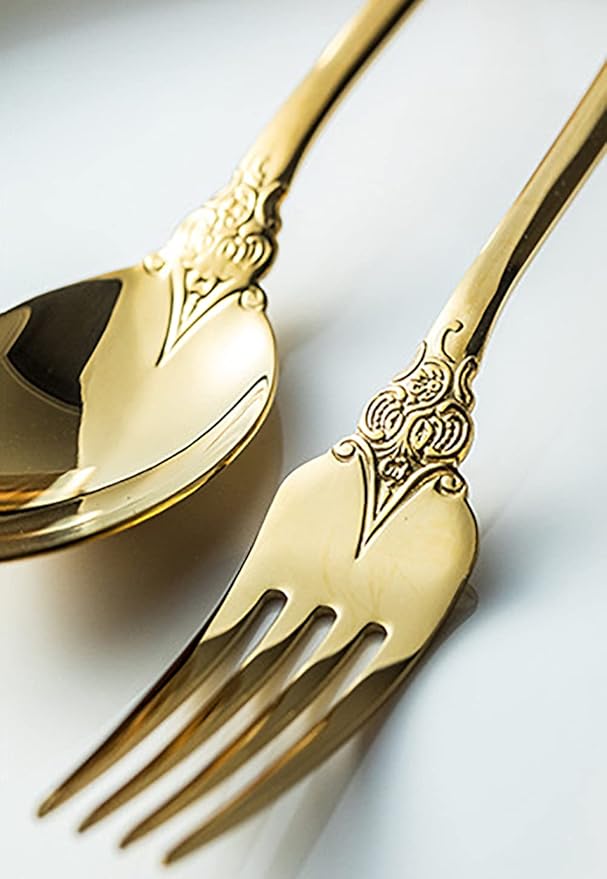 Gold Silverware Set for 10 Premium 18/10 Stainless Steel Flatware Set Palace Style 50 Piece Cutlery Tableware Utensils Embossed Decorative Handle Knives Forks and Spoons for Home Christmas Wedding