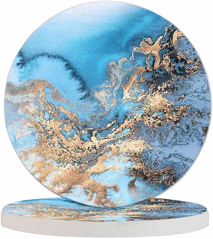 Blue Marble Art Painting Coasters for Coffee Table Colorful Abstract Liquid Marbling Mix of Acrylic Housewarming Presents for Women Men Home Decor Office Kitchen Living Room 2 Pcs