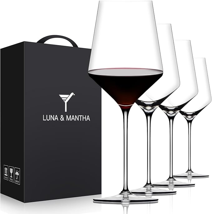 OJA Red Wine Glasses Set of 4, Hand Blown Premium Crystal Wine Glasses, 17 oz, Long Stem,Thin Rim, Perfect for Red or White, Daily Use, Unique Wedding Anniversary or Birthday Gift