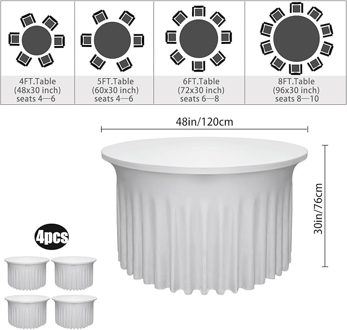 4 Pack White Round Table Skirt, 48 Inch Diameter x 30 Inch Height, Stretch Polyester Spandex Tablecloth for 4ft Round Tables, Stain & Wrinkle Resistant for Wedding, Party, Banquet Decor