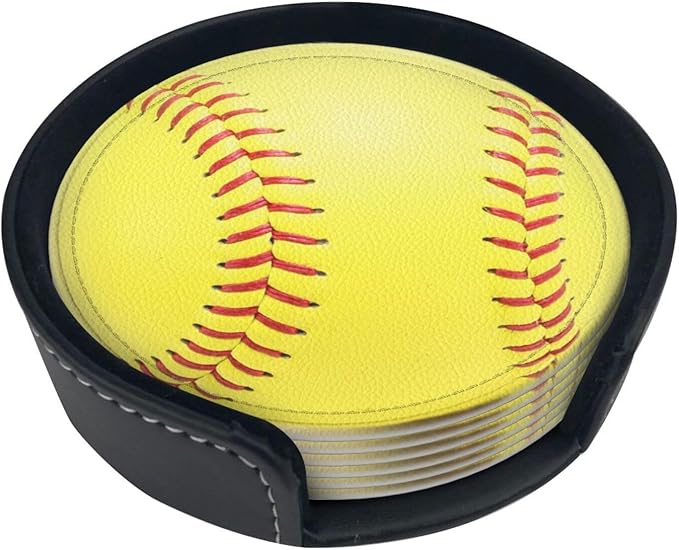 Softball Yellow Coasters for Drinks with Holder Round Leather Coasters Set of 6 Cups Mugs Mat Pad for Home Kitchen Bar