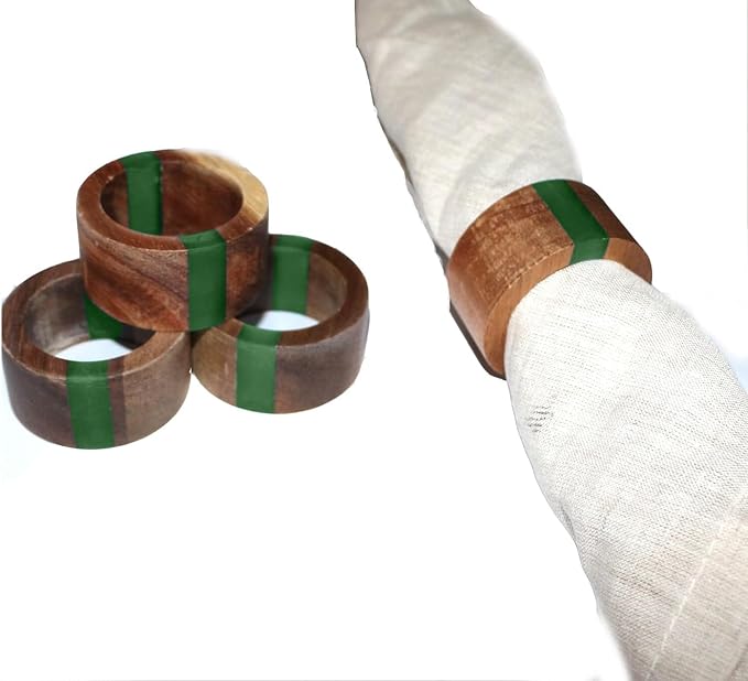 Wooden Napkin Rings Set of 8 for Dinning Table Decor - Acacia Wood Resin Napkin Holder Blue Napkin Ring for Home and Kitchen Décor (Green Round Shape)