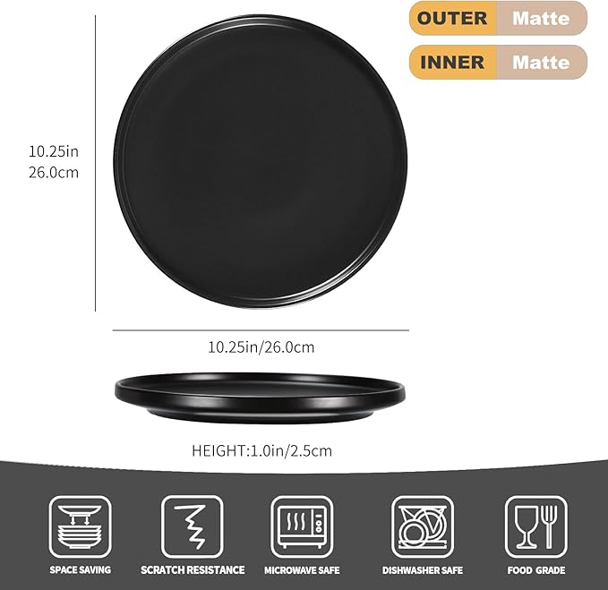 GZG Ceramic Dinner Plates Set of 4,10 Inch Stoneware Dishes Set,Microwave and Dishwasher Safe Kitchen Utensils,Stackable,Scratch Resistant (Matte Black)