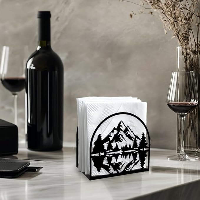 Mountain Forest Decorative Black Metal Napkin Holder for Table, 5.3" x 4.9" x 1.9" Mountain Tree Standing Napkin Holder for Home Kitchen Restaurant Picnic Party Coffee Bar Dining Room