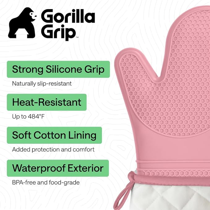 GORILLA GRIP BPA-Free Soft Silicone Oven Mitts, Heat Resistant and Waterproof Cooking Gloves, Thick Cotton Lining, Flexible Gripping for Baking Grilling, Kitchen Potholders Set of 2, 12.5x8.3, Pink