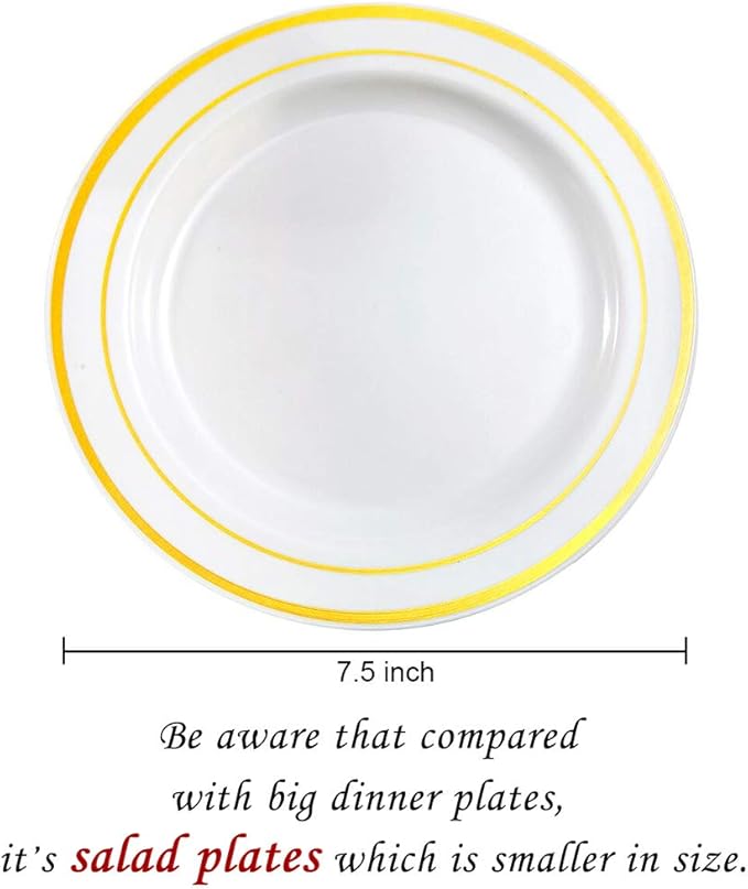 bUCLA 100Pieces Gold Plastic Plates -7.5inch White and Gold Disposable Salad/Dessert Plates - Ideal for Weddings, Party & Thanksgiving