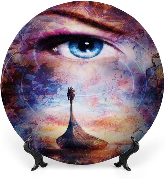 Ceramic Display Plate, Viking Ceramic Hanging Decorative Plate, Boat On The Beach and Woman Eye Boat with, 7 Inch, Household Custom Ceramic Plate, Multicolor