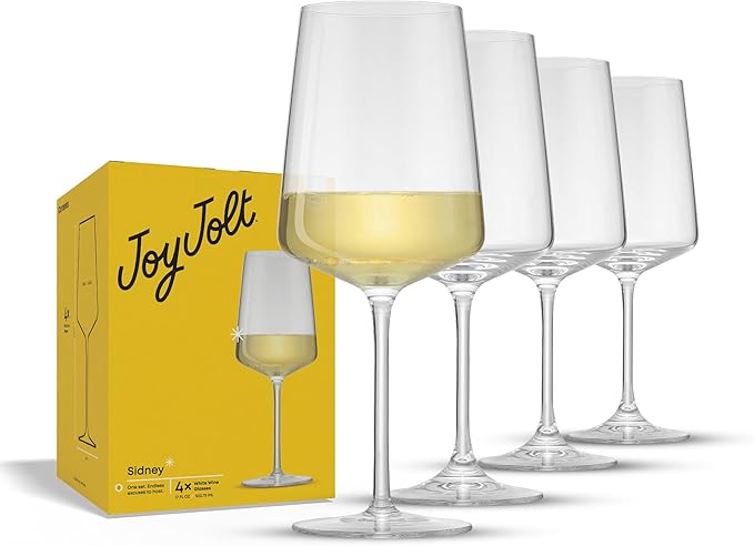 JoyJolt Sidney White Wine Glasses Set of 4 | 17 oz Modern Crystal Wine Glasses also for Red Wine | Home Bar Glass Set | Wedding Registry and Hosting Gifts | Premium Crystal Stemware Made in Europe