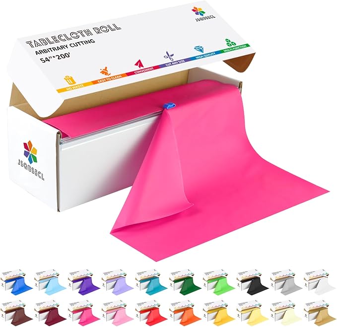 54 Inch X 200 Feet Plastic Table Cover Roll with Convenient Slide Cutter, Disposable Plastic Table Cloth Roll with Cut-to-Size Design for Weddings, Banquets, Parties (Fuchsia)