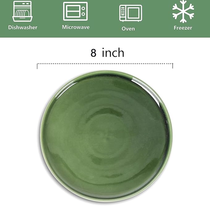 vicrays Ceramic Salad Plates Set - Porcelain 8 Inch Flat Dessert Appetizer Plate for Lunch Home Party Restaurant - Scratch Resistant Microwave Oven and Dishwasher Safe - Set of 6 (Green)