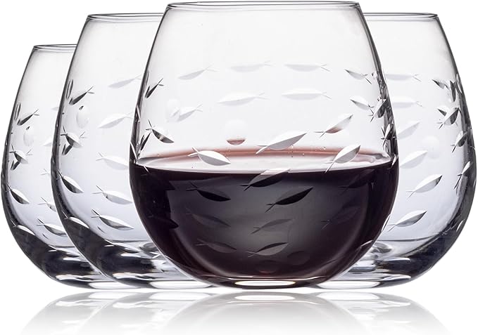 SHOSHIN Handmade Crystal Hand-cut Stemless wine glass (Fish set of 4)