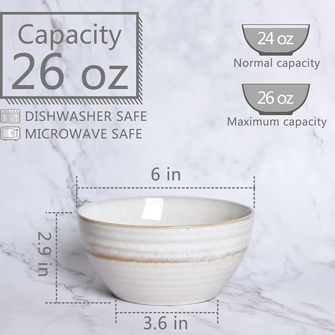 Bosmarlin Ceramic Cereal Bowl Set of 4, 26 Oz, Soup Bowl for Oatmeal, Salad, Dishwasher and Microwave Safe, Reactive Glaze (Beige, 6 in)