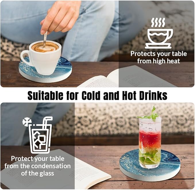 Ceramic Coasters Set of 6, Marble-Textured Design with Holder - Absorbent Cork-Backed Coasters for Cups, Bar & Coffee Table Decor Accessories (Blue Ocean, 6 Pack)