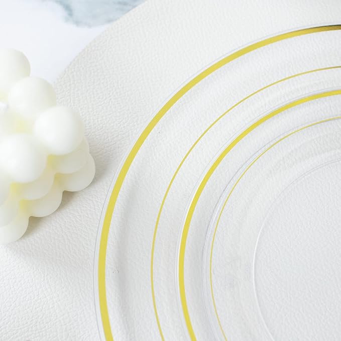 I00000 60 Pcs Clear Gold Plastic Plates, Gold Disposable Plates Includes: 30 Dinner Plate 10.25" and 30 Dessert Plate 7.5 ", Premium Clear Plate Prefect for Wedding and Gold Plates Party/Birthday
