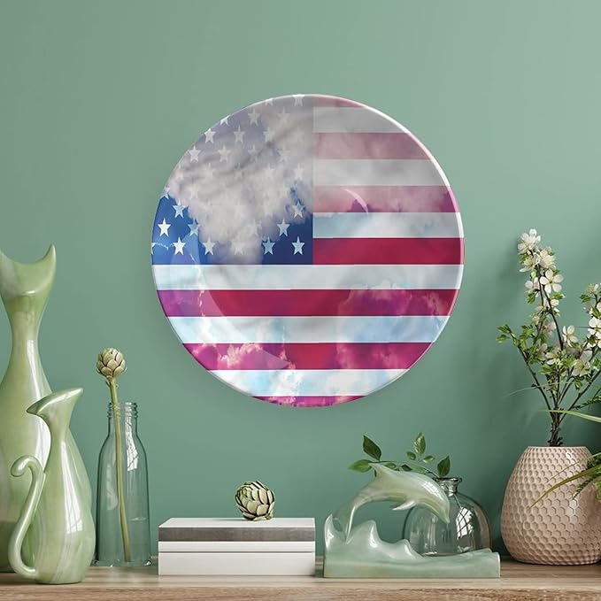 Decorative Plates, American Flag Print Ornament, Flag Clouds Memorial, 8 Inch, Kitchen Wall Decor, Multicolor