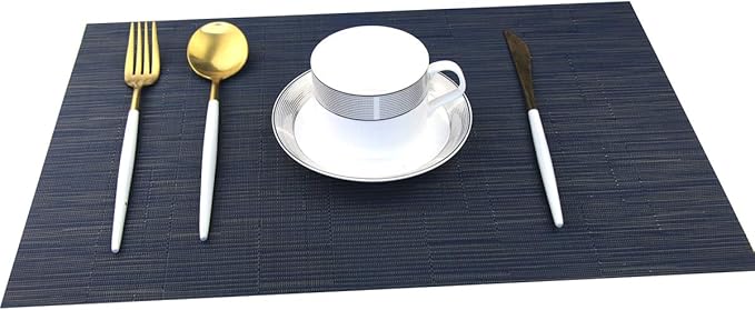 Placemats for Dining Table Woven Vinyl Place Mats Wipe Off Plastic Placemats Stain Resistant Table Mats Set of 6 （Bamboo Navy）