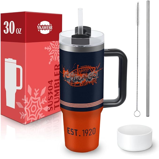 Chicago 30 oz Tumbler with Handle and Straw,Car cup,Coffee Mug,100% Leakproof Insulated Tumbler with Lid and Straw,Made of Stainless Steel,Cup Holder Friendly Base,Classic Collection Gifts for Fans