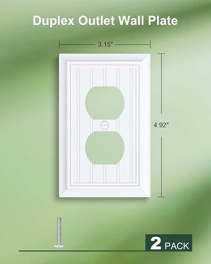 2-Pack Classic Beadboard Duplex Outlet Cover Plate, Decorative Pure White Switch Plates and Outlet Covers, Natural Bamboo Fiber Wall Plates for Electrical Outlets, 1 Gang Receptacle Cover