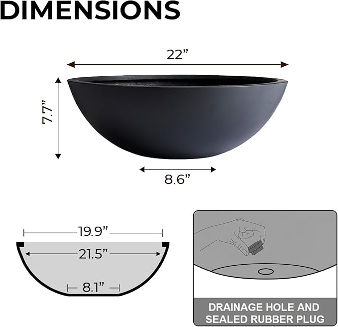 7.7" H x 22" D Round Bowl Fiberstone Planter for Succulent and Lotus with Drainage Hole, Smooth Finishes, Weather Resistant, Included 2 Extra Coco Mats (Black, 19.9" Pot Opening)
