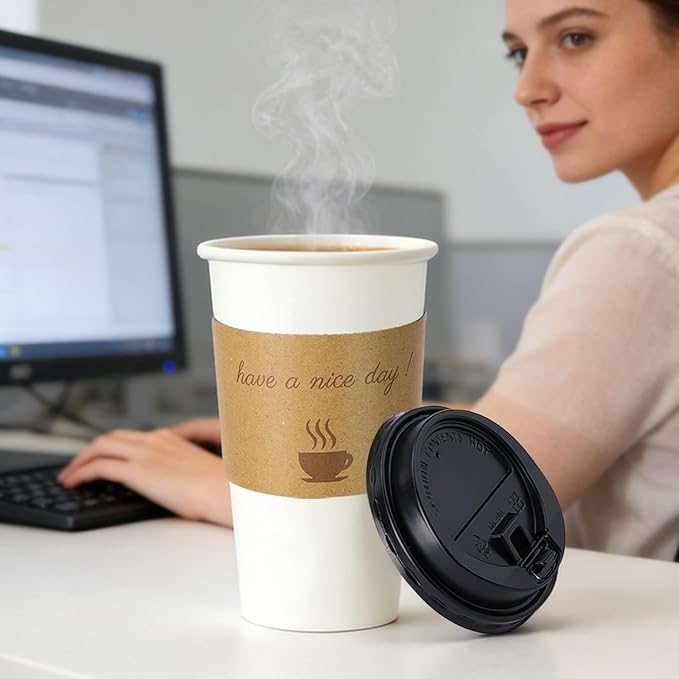 50 Pack 20 oz Disposable Paper Coffee Cups, Paper To Go Cups with Lids, Sleeve and Straw, Hot Paper Cups for Home, Office and Party (White 20oz)