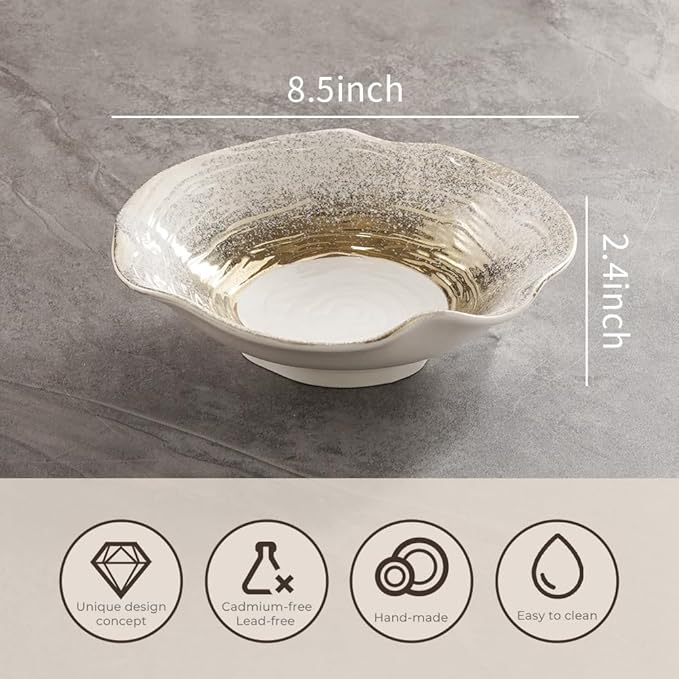 8.5-Inch Lotus Edge Ceramic Bowl, Gradient Gold Design Soup Bowl with Wavy Rim, 21.5cm Food-Safe Porcelain for Dining & Gifting