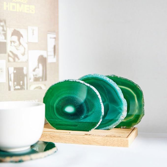 Luxury Lane Set of 4 Large Natural Brazilian Agate Slice Geode Rock Stone Drink Coasters with Wood Holder 4.3-4.7 inch Centerpiece Table Decoration, Emerald Green