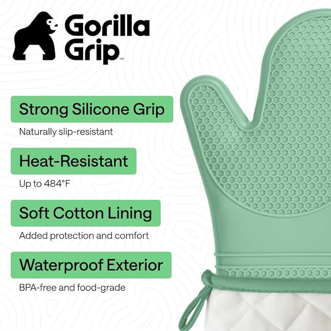 GORILLA GRIP BPA-Free Soft Silicone Oven Mitts, 14.5x8.3, Heat Resistant and Waterproof Cooking Gloves, Thick Cotton Lining, Flexible Gripping for Baking Grilling, Kitchen Potholders Set of 2, Mint
