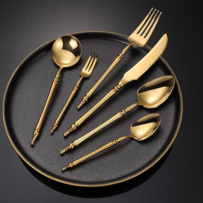 Gold Silverware Set for 8 Premium 18/10 Stainless Steel Flatware Set 32 Piece Include Knives Forks and Spoons Cutlery Utensils Light Luxury Vintage Style for Home Kitchen Christmas Restaurant