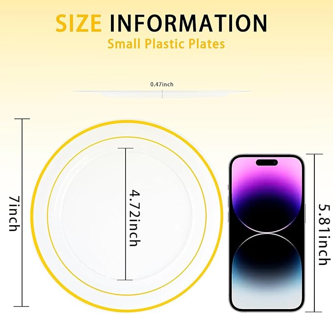 I00000 100Pcs Small Clear Gold Dessert Plates,Clear Disposable Plates with Gold Rim 7 Inch,Premium Hard Fancy Small Plate,Perfect for Birthday, Wedding & Party