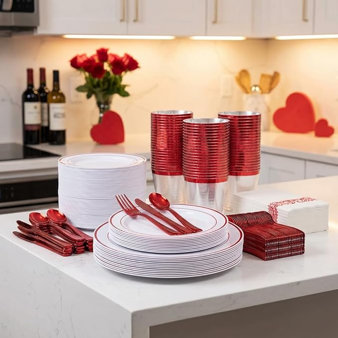 WELLIFE 700 Pcs Red Plastic Plates for 100 Guests - Plastic Dinnerware Set,Party Supplies Includes 200 Red Disposable Plates,300 Silverware,100 Napkins,100 Cups,Valentines Plates