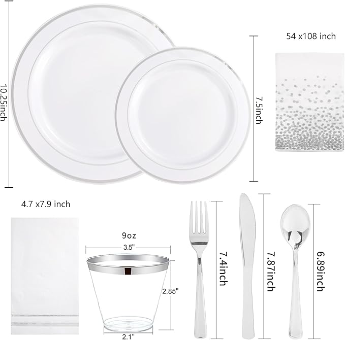 GATHER 176 Pieces Silver Plates - Disposable Silver Plastic Plates Includes 50 Plates, 75 Silverware, 25 Napkins, 25 Silver Rimmed Cups and 1 Tablecloth Perfect for Party & Weding