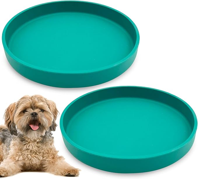 Silicone Dog Bowl Shallow Cat Food Bowls 7" Wide Puppy Plates Whisker Fatigue Pet Feeding Dishes Set of 2 for Dry and Wet Food Indoor (Round Green)