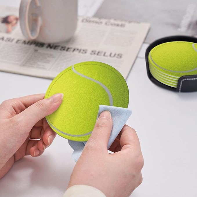 Tennis Ball Coasters for Drinks with Holder Round Leather Coasters Set of 6 Cups Mugs Mat Pad for Home Kitchen Bar
