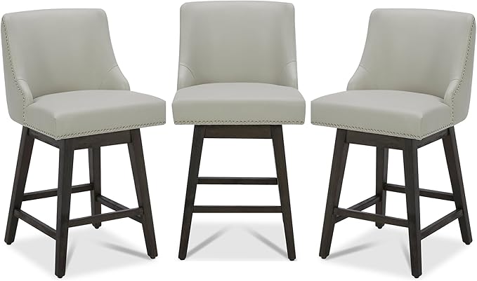 CHITA Counter Height Swivel Bar Stools Set of 3, FSC Certified Upholstered Counter Stools, Modern Swivel Barstools with Wood Legs for Kitchen Island, 26" Seat Height, Faux Leather in Creamy Grey