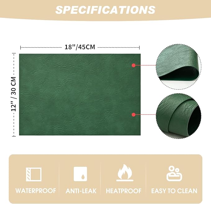 Artoid Mode Green Faux Leather Placemats Set of 4, 12x18 Inch Waterproof Wipeable Heat Resistant Vinyl Place Mats, Reversible Table Mats for St. Patrick's Day Dining Decor