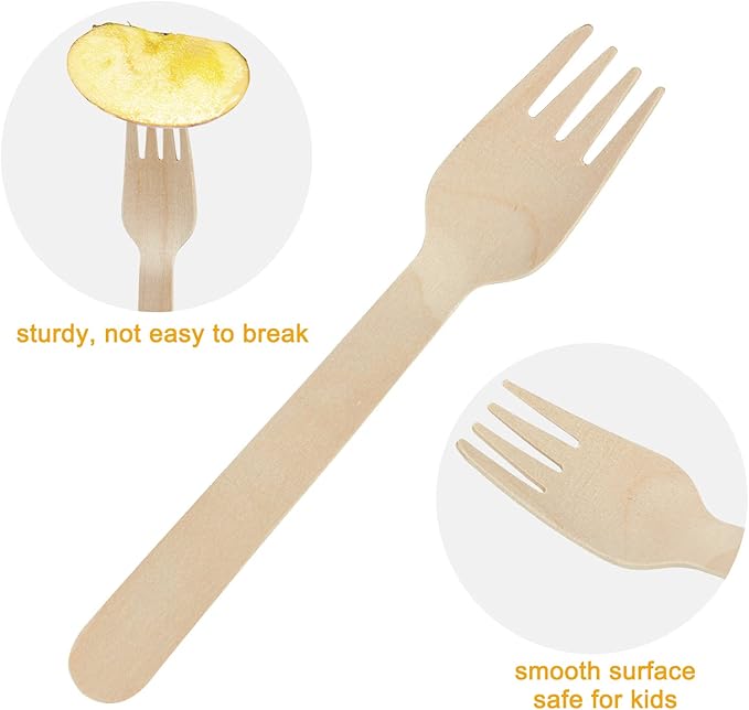 100 Pack Disposable Wooden Forks – 6.2 Inch Splinter-Free Birch Cutlery – Sturdy Natural Wood Utensils for Weddings, BBQ, Parties & Camping – Smooth Unwaxed Alternative to Plastic