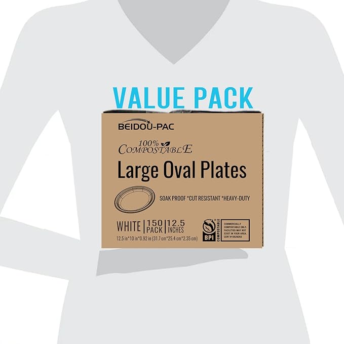 Compostable Heavy Duty Disposable Oval Paper Plates, 150 Count | 12.5 Inch | Natural Bagasse, Biodegradable Eco-Friendly Sugarcane BBQ, Party, Gathering, Picnic White Sugarcane Tray