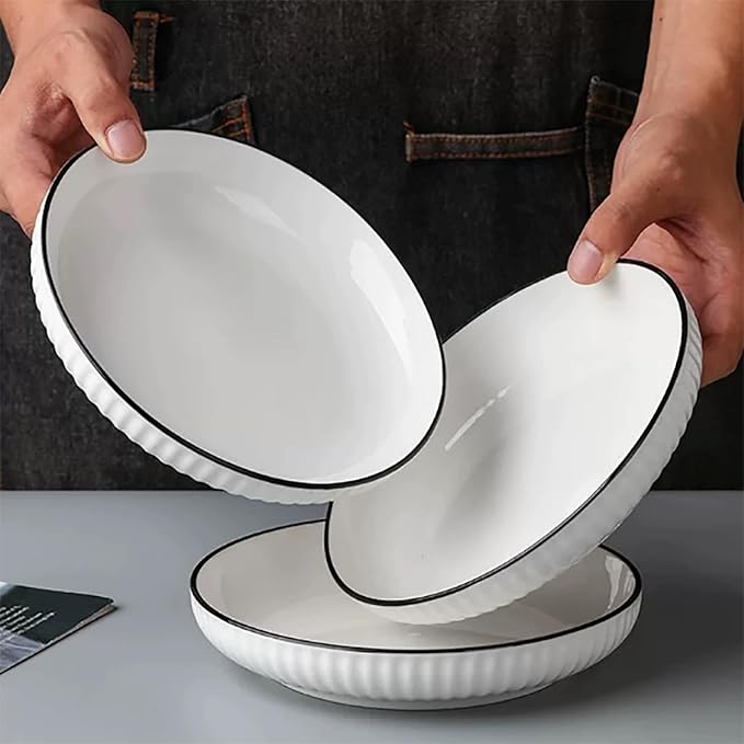 Ceramics Pasta Bowls, 6 Pack 8 inches 20 Oz Large Salad Serving Bowls, Shallow Salad Bowls,ceramics Deep Plates,Microwave Dishwasher Safe,White (vertical stripe)