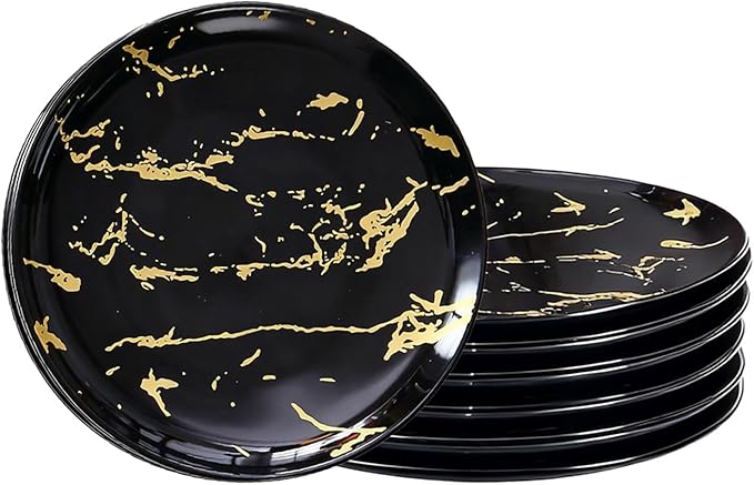 6-Piece Black Marble Ceramic Plates with Gold Rim, 8-Inch Dinner Plates Set, Oven & Microwave Safe, Dishwasher Safe, Elegant Appetizer, Salad, and Dessert Plates for Modern Dining