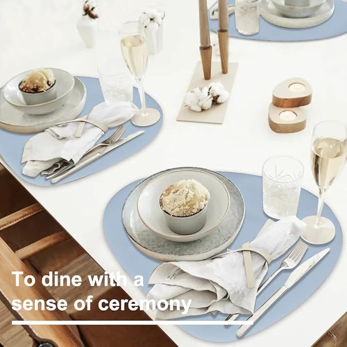 Faux Leather Heat Resistant Placemats for Dining Table Set of 2 and Coasters, Waterproof Wipeable Washable Dinner Table Mats, Easy to Clean Anti-Slip Place Mats Nordic Style, Light Blue