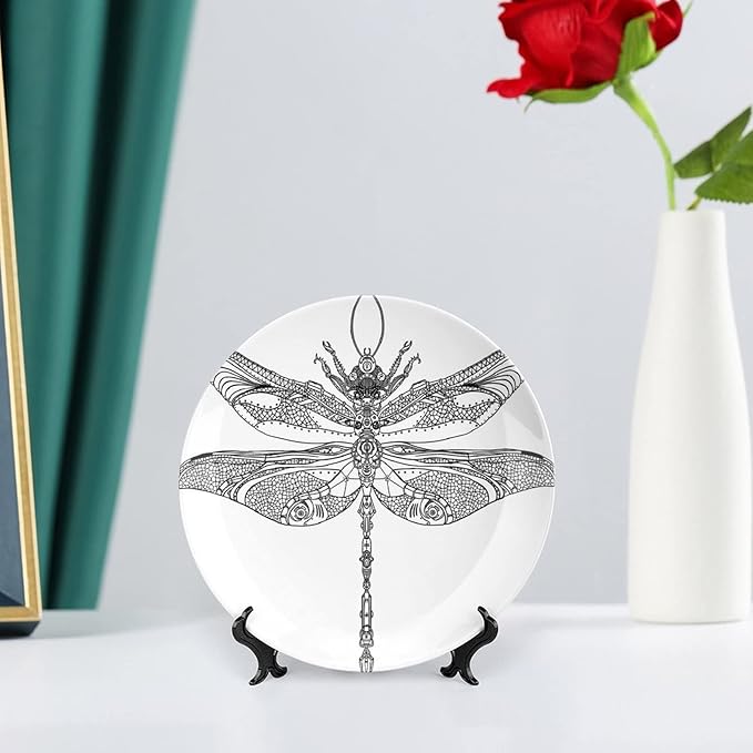 Ceramic Display Plate, Abstract Ceramic Hanging Decorative Plate, Animal Steampunk Dragonfly Pattern, 10 Inch, Living Room Kitchen Decoration Household, Black White