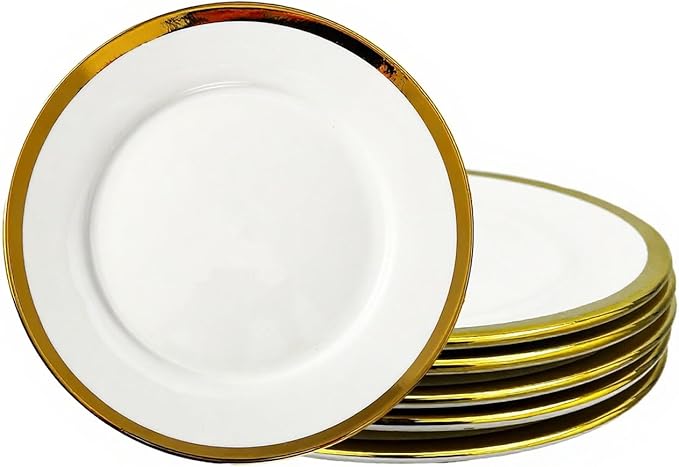 Dinner Plates, Set of 6, 8 inch,White Porcelain with Gold Trim，Appetizer Plates,Ceramic Round Dessert Serving Plates for Bread, Salad, Snack and Finger Food,Elegant Ceramic Dinner Plates