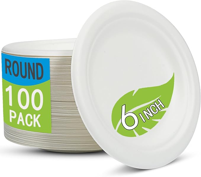 Small Paper Dessert Plates 6 Inch Disposable Biodegradable Compostable Appetizer Plates for Party, Dinner, Cake, Snacks (100 Pack, Heavy Duty Eco-Friendly Elegant White)