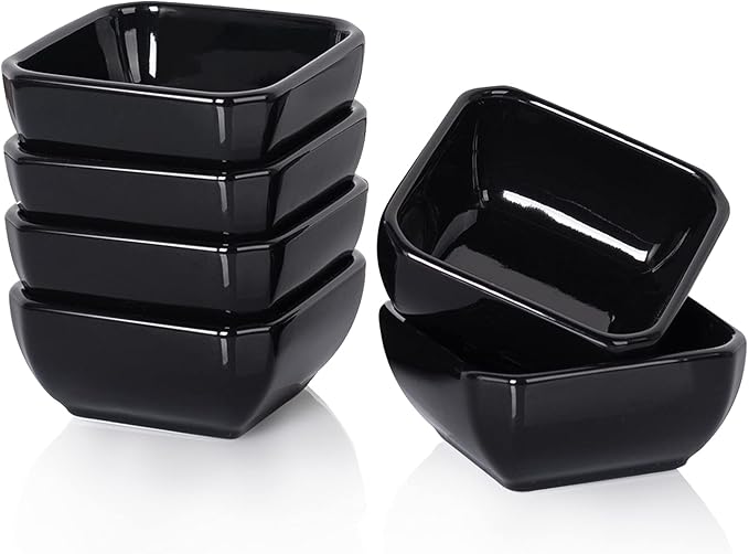 Delling Square Porcelain Ramekins - Oven Safe, Set of 6 Black, Perfect for Creme Brulee & Souffle