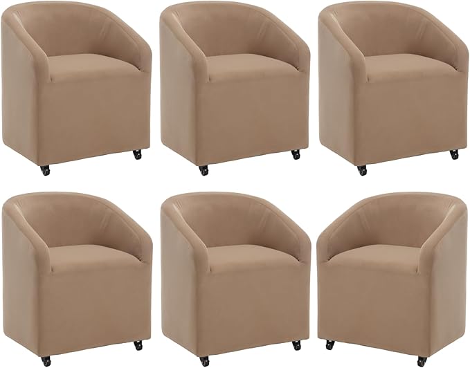 Modern Barrel Dining Chairs with Rolling Casters Set of 6, Upholstered Velvet Swivel Dining Room Chairs with Wheels for Kitchen Living Room Home Office, Khaki