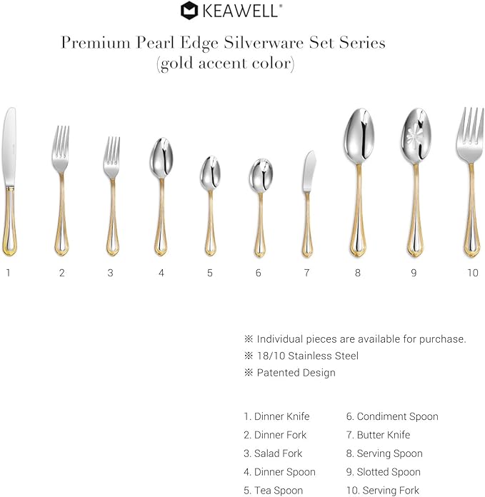KEAWELL Pearl Edge Premium 20-Piece Refined Bead Silverware Set, 18/10 Stainless Steel, Service for 4, Fine Flatware Set, Dishwasher Safe (20, Gold Accent)