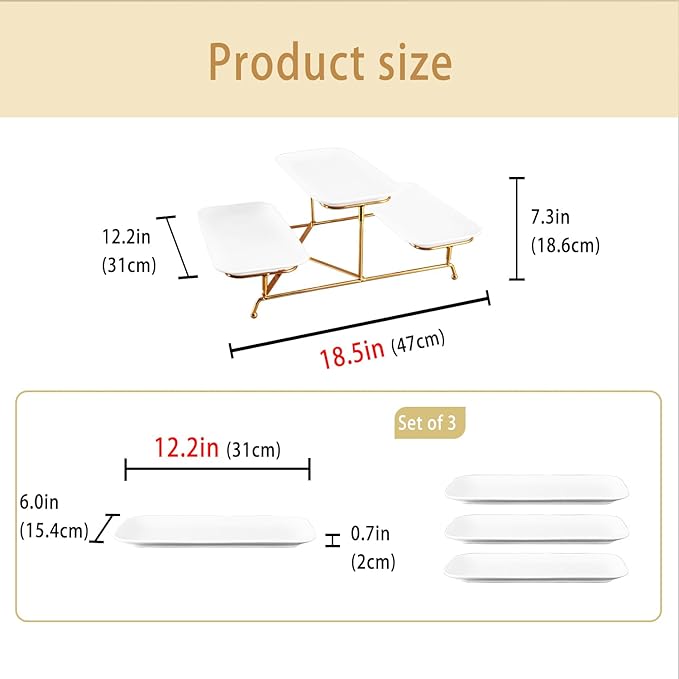 3 Tier Serving Trays for Party, 12.2 Inch Porcelain Serving Platters and Tiered Trays, Foldable Sturdy Gold Stand, for Food Display, Fruit, Cake Dessert, Decoration Entertaining, White