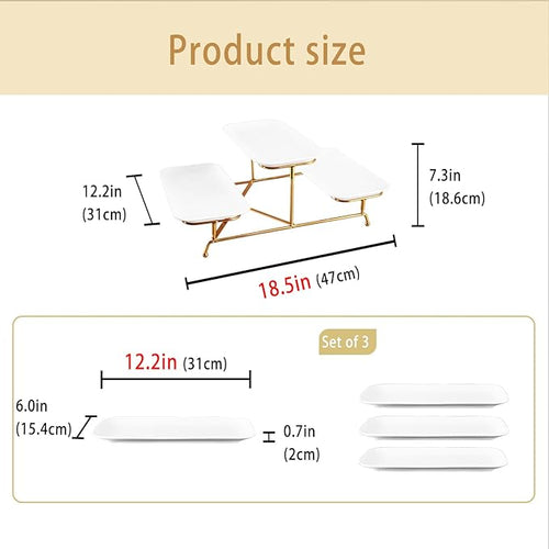 3 Tier Serving Trays for Party, 12.2 Inch Porcelain Serving Platters and Tiered Trays, Foldable Sturdy Gold Stand, for Food Display, Fruit, Cake Dessert, Decoration Entertaining, White