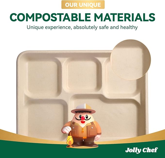 JOLLY CHEF Compostable 𝟱 Compartment Paper Plates 𝟭𝟭 * 𝟴 𝗶𝗻𝗰𝗵 [𝟱𝟬𝟬 𝗣𝗮𝗰𝗸] Heavy Duty Natural Divided Disposable Eco-Friendly Biodegradable Food Trays for Party Lunch Dinner Christmas
